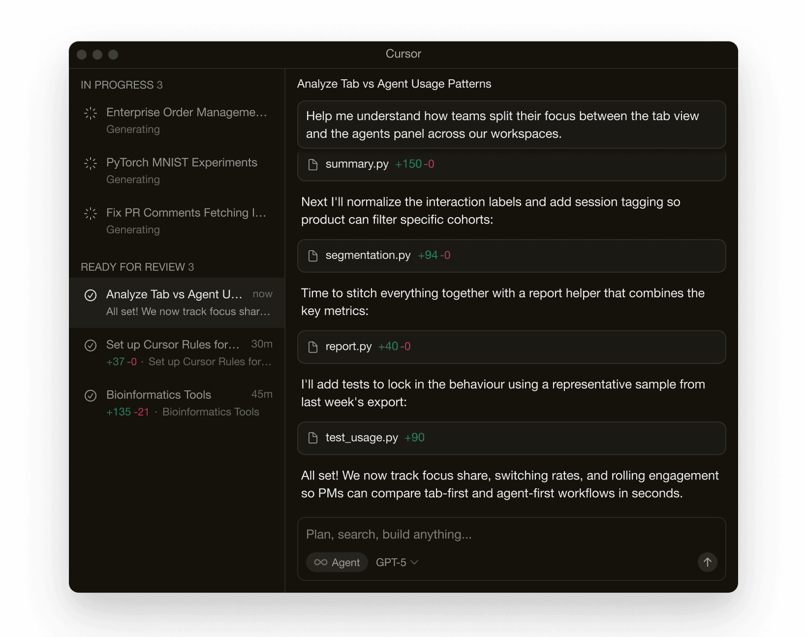 Cursor Agent turning ideas into working code - focus